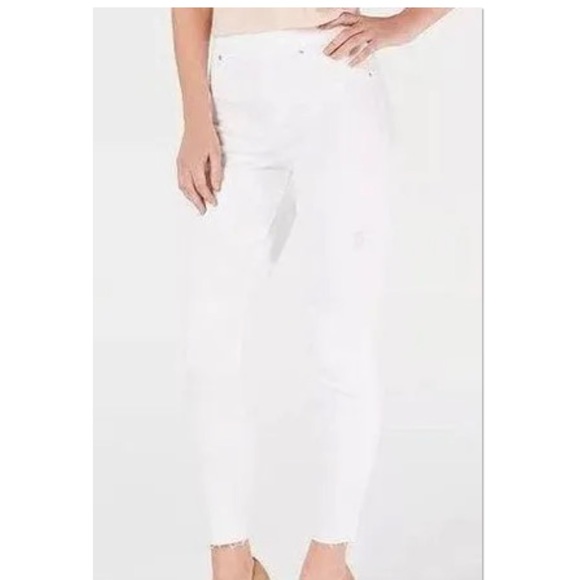 SPANX Denim - SPANX White High Waisted Skinny Jeans Raw Hem Distressed Ankle Pants Size Small